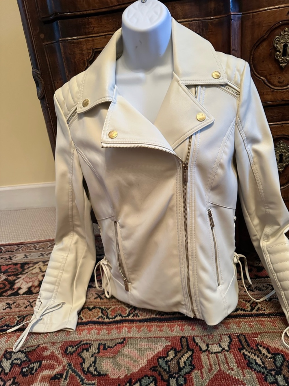 Guess Cream Faux Leather Moto Jacket with Gold Hardware